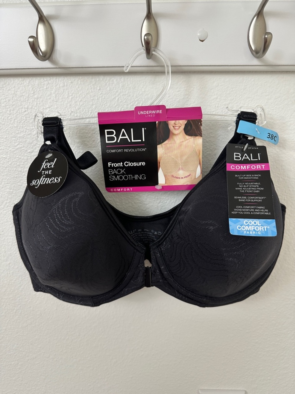 Bali Comfort 38C Front-Closure Back Smoothing Underwire Bra - Black Adjustable